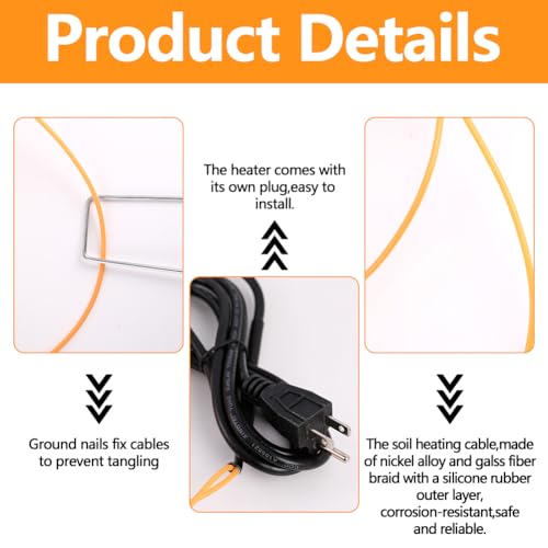 118Ft Soil Heating Cable with Thermostat, Rubber Heated Warming Cable for Seed Starting, Outdoor Greenhouse, Cold Frame & Garden Beds, Plant Root Winter Protection Kit Includes Ground Stakes