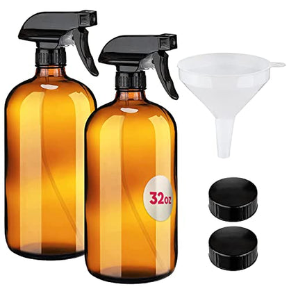 Large 32oz Amber Glass Gardening Spray Bottles with Funnel - Refillable Trigger Sprayer Container for Plant Misting, Hair Salon, Indoor and Outdoor - size: 32 Ounces