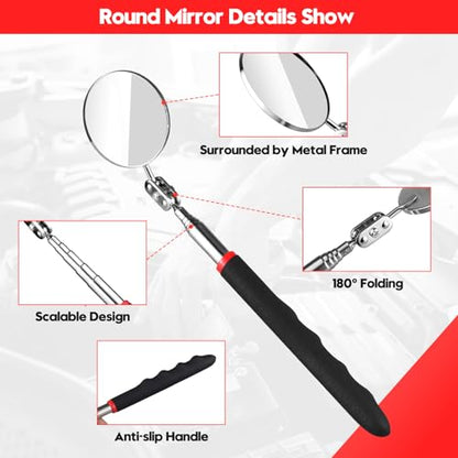 Telescoping & Bendable Inspection Mirror – Round & Square Heads, Black/Orange | 360° Swivel Neck, Telescoping & Bendable Handles, Metal & Glass Build, for Dead Angles & Tight Spots - color: Red/Black