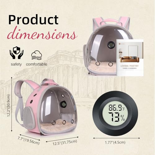 Bearded Dragon Backpack Carrier w/Reptile Thermometer Hygrometer, Clear Bubble Window Astronaut Space Capsule Travel Bag for Leopard Gecko, Ball Python, Lizard, Hermit Crab, Spider, Guinea Pig - color: Pink