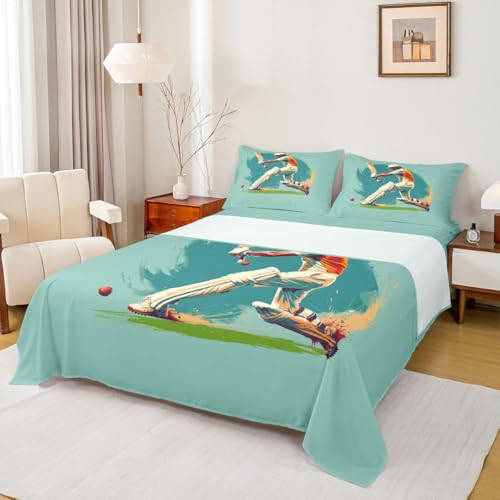 Erosebridal Cricket Keeper Sheet Set Sports Cricket Bed Sheets Set King Size,Teal Ball Games Sheets for Kids Boys Teen Girls Sport Competition Top Sheet - color: Teal Green White, size: King