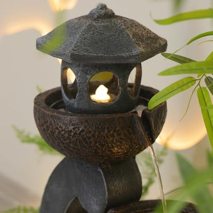 Tankana Water Fountain Outdoor Zen Feature - Garden Tranquil Pagoda Waterfalls Fountains Bowl with LED Lights & Pump for Patio Yard Porch Pool, Gray, 35.5 inches