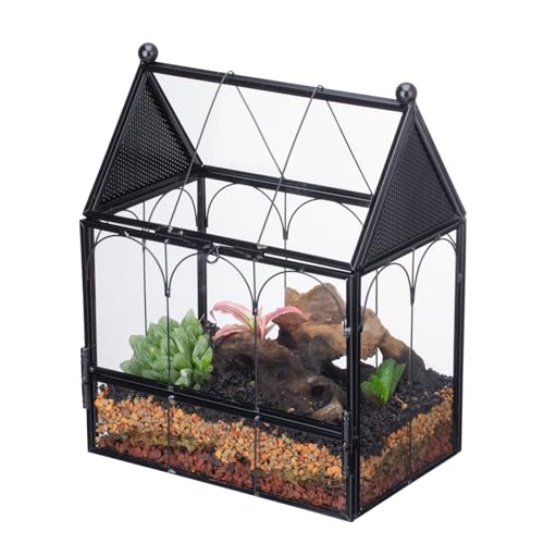 NCYP Small Glass Terrarium Enclosure with Mesh for Jumping Spiders, Micro House Shaped Small Spiders Vented Glass Terrarium, Home Decor Black, 5.8" x 3.8" x 7" (No Plants) - size: 5.8" x 3.8" x 7"
