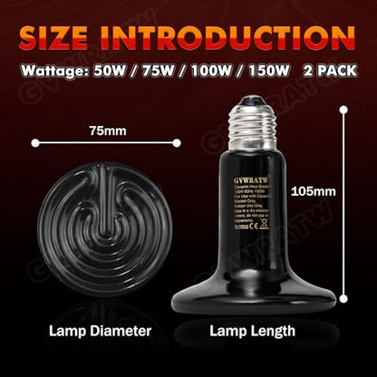 Ceramic Heat Emitter, Reptile Heat Bulbs (2 Pack-0.25 inch-75mm) - Versatile Warming Bulbs for herptiles, Birds, and Household Pets. (150 Watts) - color: 150 Watt, size: 75 mm