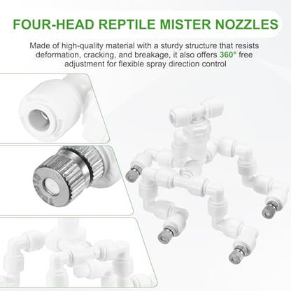 M METERXITY Reptile Mister Nozzles, 0.2mm Pore Copper 1/4" Four-Head Reptile Misting Spray Nozzle with Plug for Terrarium/Vivarium, 360 Degree Adjustable Detachable Nozzles [White] - color: White