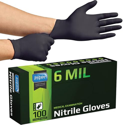 Inspire Black Nitrile Gloves HEAVY DUTY 6 Mil Nitrile Chemical Resistant Medical Cooking Cleaning Disposable Black Gloves - size: Large, style: Black 6mil Box of 100