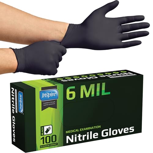 Inspire Black Nitrile Gloves HEAVY DUTY 6 Mil Nitrile Chemical Resistant Medical Cooking Cleaning Disposable Black Gloves - size: Medium, style: Black 6mil Box of 100