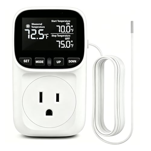 Digital Temperature Controller, Plug in Thermostat Outlet Temperature Controller Electric Digital Thermostat with Timer, Heating Cooling Mode 110V 15A Celsius Fahrenheit Display, White