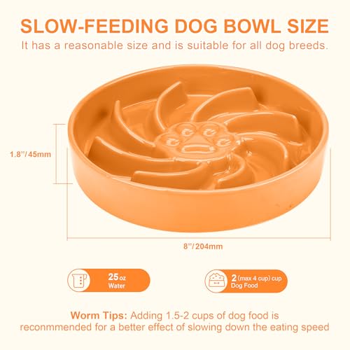 Ceramic Slow Feeder Dog Bowl, 3 Cup Dog Food or 25oz Water, Slow Eating Bowl for Middle Breed, Maze Puzzle Feeder for Fast Eaters, Anti-Choking Stop Bloat, Non-Slip BPA Free (Orange) - color: Orange