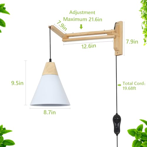 HMVPL Hanging Plant Light for Indoor Growing Full Spectrum, Grow Lights for Indoor Plants with 20W COB Grow Light Bulb, Wall Mounted Plant Light with Swing Arm, 4/8/12H Timer for Large Small Plant