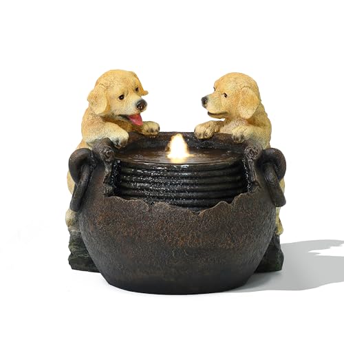 LuxenHome 16 Inch Puppies Resin Outdoor Water Fountain with LED Lights | Water Fountain Outdoor, Garden Fountains for Patio, Indoor Outdoor Use Garden Decor, Farmhouse Waterfall - color: Brown D