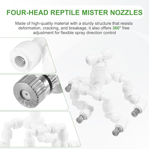 M METERXITY Reptile Mister Nozzles, 0.8mm Pore Copper 1/4" Four-Head Reptile Misting Spray Nozzle with Plug for Terrarium/Vivarium, 360 Degree Adjustable Detachable Nozzles [White]
