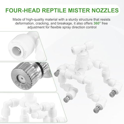M METERXITY Reptile Mister Nozzles, 0.8mm Pore Copper 1/4" Four-Head Reptile Misting Spray Nozzle with Plug for Terrarium/Vivarium, 360 Degree Adjustable Detachable Nozzles [White]