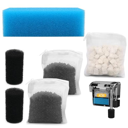Big Peng AC50 Aquarium Filter Media Maintenance Kit Compatible with Fluval | Compatible with Aquaclear Power Filters,Includes 1 Blue Foam, 2 Activated Carbon, 1 BioMax Pellets, 2 Intake Strainer Sponge