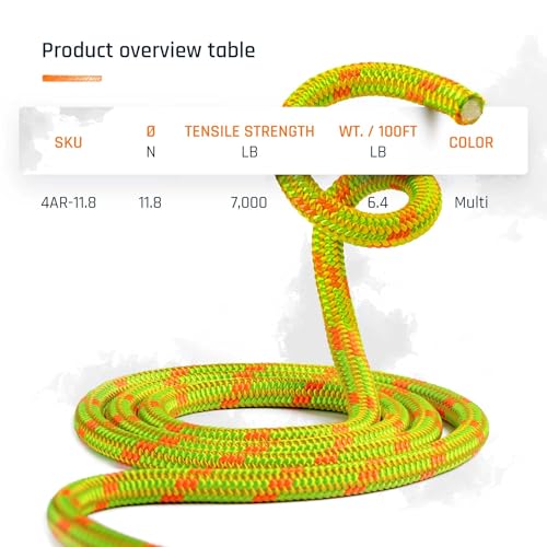 24-Strand 11.8 mm Arborist-Pro™ Rope – High Tensile Strength – Lightweight – Made in USA - color: Yellow, size: 120 ft