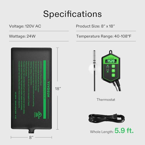 VIVOSUN Reptile Heating Pad 8x18 Inch with Thermostat Combo | Under Tank Terrarium Heating Mat for Turtles, Lizards, Frogs, and Other Reptiles - size: 8x18 Inch with Thermostat