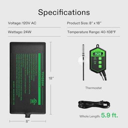 VIVOSUN Reptile Heating Pad 8x18 Inch with Thermostat Combo | Under Tank Terrarium Heating Mat for Turtles, Lizards, Frogs, and Other Reptiles - size: 8x18 Inch with Thermostat