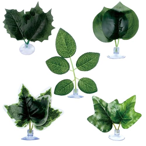 BNOSDM Fake Terrarium Plants for Reptiles, 3-5in, Green, 5PCS | Fake Terrarium Plant with Suction Cup, Jumping Spider Habitat Enclosure Bearded Dragon,Snake, Lizard Accessories - color: Green