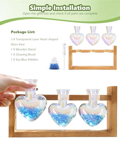 Plant Terrarium with Wooden Stand, 3 Heart Bulb Glass Vases | Wooden Stand Tabletop for Air Planter, Gifts for Mom Plant Lovers Mom Women Wife Grandma - color: Iridescent Clear