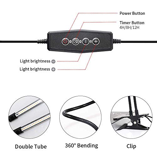 LED Grow Light,6000K Full Spectrum Clip Plant Growing Lamp with White Red LEDs for Indoor Plants,5-Level Dimmable,Auto On Off Timing 4 8 12Hrs | Desk Lamp with White Red LEDs for Indoor Plants,Clamp with Flexible Gooseneck,5-Level Dimmable,Auto Timer 4 8