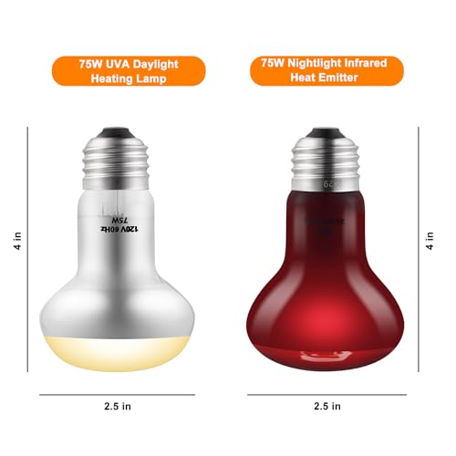 2 Pack 75W Reptile Heat Lamp Reptile Heat Bulbs | UVA Basking and Infrared Light Bulb Combo, Basking Light for Bearded Dragon, Turtles, Snake and Lizard - style: 75W Day & Night Heat Lamp