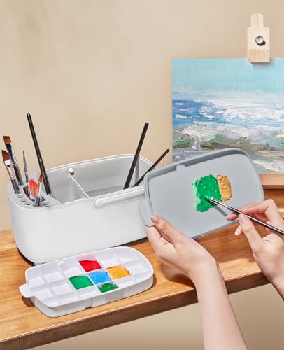 GAMENOTE Paint Brush Cleaner, Paint Brush Holder and Palette, White | All-in-one painting station washes and rests brushes, mixes colors, and stores paint in 18 wells with a portable handle. - color: White