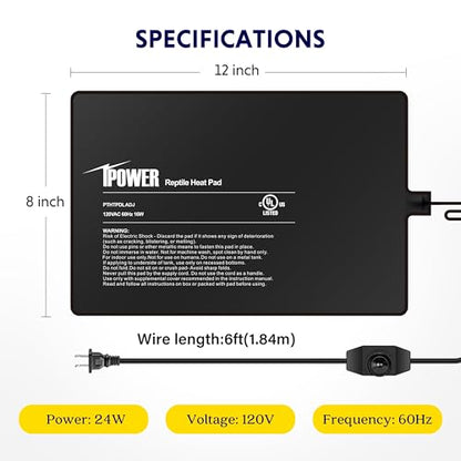 iPower 8x12 Inch Reptile Heating Pad, Under Tank Heater Warmer Heat Mat with Temperature Adjustable Controller Knob for Turtles, Lizards, Snakes - color: Black/Heat Pad with Adjust Knob, size: 8" x 12"