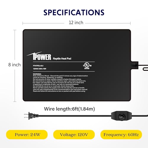 iPower 8x12 Inch Reptile Heating Pad with LCD Digital Aquarium Thermometer, Reptile Heat Mat with Adjustable Temperature Control for Reptiles - color: Black/Heat Pad with Adjust Knob+ Thermometer, size: 8" x 12"