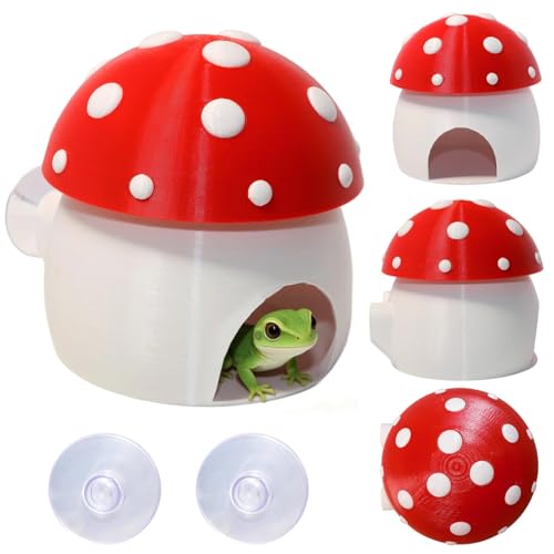 3D Red Mushroom House Reptile Hides and Caves, Reptile Hideout | Shelter for Geckos Bearded Dragons Chameleons Frogs with Dual Suction Cups for Wall or Ground