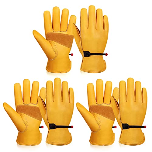 OZERO Leather Work Gloves: Cowhide Gardening Work Gloves, Gold, M, 3 Pairs | Full Grain Cowhide, ANSI/ISEA 105 Certified, Puncture Level 4, Abrasion Level 3, for Gardening Yard Construction Ranch Work - size: Medium (3 Pair)
