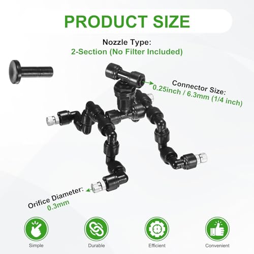 M METERXITY Reptile Mister Nozzles, 0.3mm Pore Copper 1/4" Four-Head Reptile Misting Spray Nozzle with Plug for Terrarium/Vivarium, 360 Degree Adjustable Detachable Nozzles [Black]