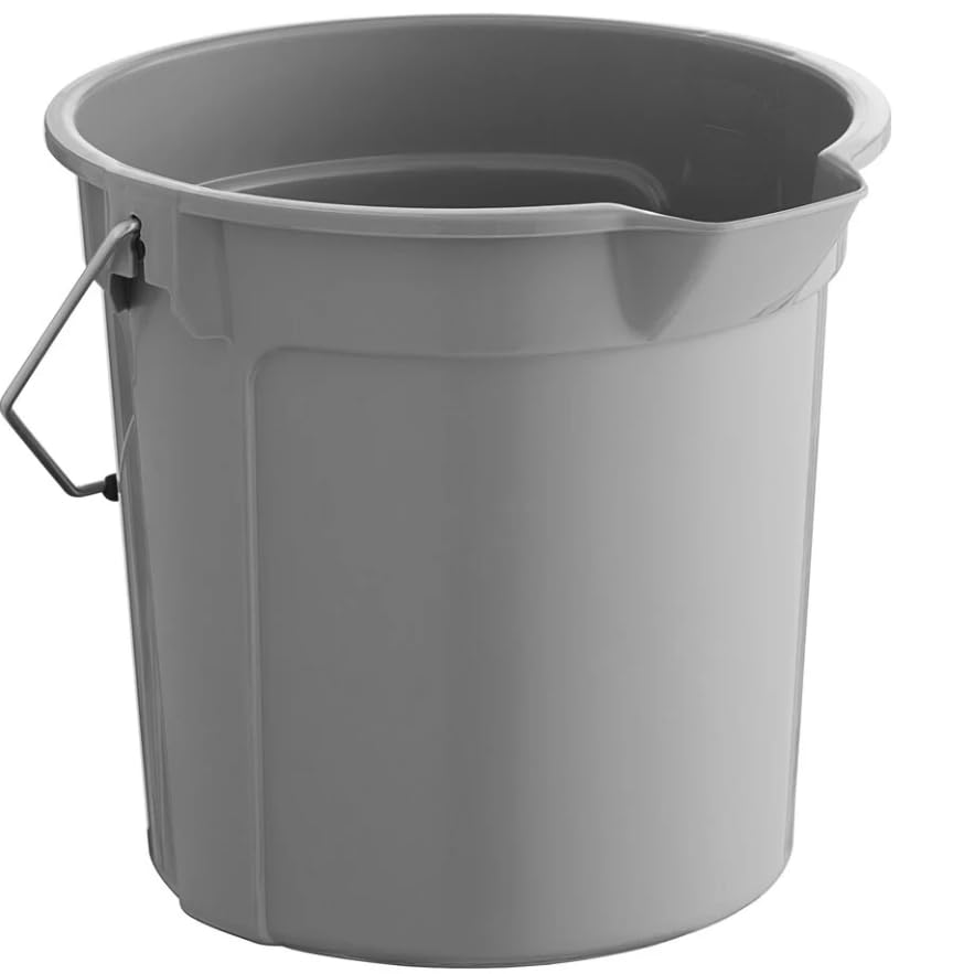 14 Qt Round Plastic Bucket, Gray, with Metal Handle, Pour Spout, for Cleaning and Gardening