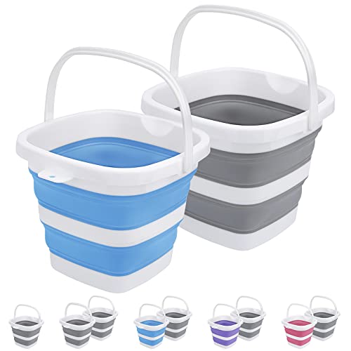 2 Pack Collapsible Buckets 5L 1.3Gallon Small Cleaning Bucket for Household Portable Plastic Bucket Outdoor Car Washing Tub Foldable Camping Beach Sand Water Pot Pail Space Saving Square Grey and Blue - color: Grey+blue