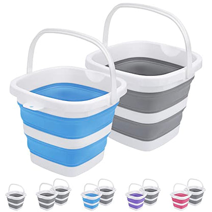 2 Pack Collapsible Buckets 5L 1.3Gallon Small Cleaning Bucket for Household Portable Plastic Bucket Outdoor Car Washing Tub Foldable Camping Beach Sand Water Pot Pail Space Saving Square Grey and Blue - color: Grey+blue