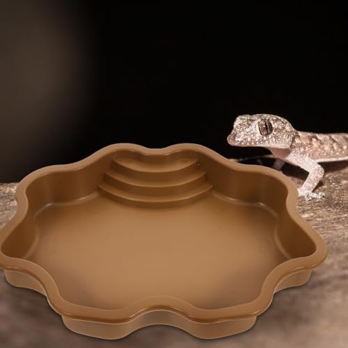 Reptile Water Bowl for Soaking and Feeding, Large Capacity Turtle Bathing Pool Dish, Brown-Yellow Textured Plastic Terrarium Bowl for Outdoor and Indoor Use