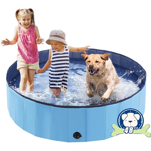Eooqi Foldable Dog Pool, Portable Pet Bath Tub and Kiddie Swimming Pool | Collapsible Bathtub for Puppies, Small, Medium and Large Dogs, Cats and Kids, 48 x 12 in, Blue - color: Blue, size: 48"-L