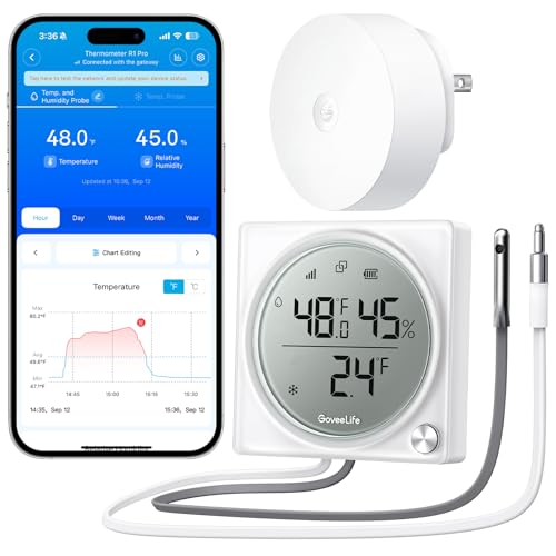 GoveeLife 2.0 WiFi Refrigerator Thermometer Dual Probes, 1-Pack & Gateway | Digital freezer monitor with 1804ft range, LCD display, app alerts & anti-false alarm, magnetic/hanging for kitchen/farming - style: Sub-1G Gateway+1 Sensor-Pro
