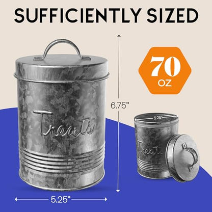 Amici Pet, Retro Treats Galvanized Relief Lettering Metal Storage Canister, Food Safe, Push Top, 72 Ounces (Pack of 2) - size: Large/72 oz (Pack of 2)