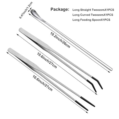 3PCS Stainless Steel Reptile Feeding Tongs with Rubber Tip,10.6” Straight&Curved Long Aquarium or Craft Tweezers,Bearded Dragon Reptile Gecko Frog Snakes Tank Enclosure Accessories (Tweezers&Spoon)