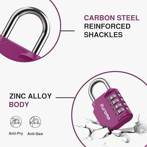 Puroma 1 Pack Combination Lock Locker 4 Digits Combo Padlock Gym Red-Violet | For School Gate Fence Toolbox Hasp Storage, Outdoor, Resettable, Weatherproof, Side Window, Crack Cut Resist, Hardened Steel - color: Red-Violet