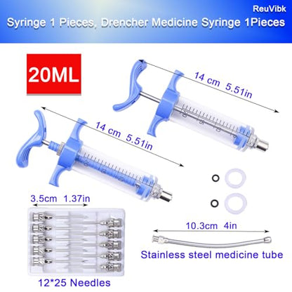 2Pcs 20ML Livestock Syringe, Reusable Adjustable Goat Drench Syringe, with 1 Drench Nozzle 10 Needles, Suitable for Chickens, Ducks, Geese, Lambs, Piglets Cub - size: 20ML