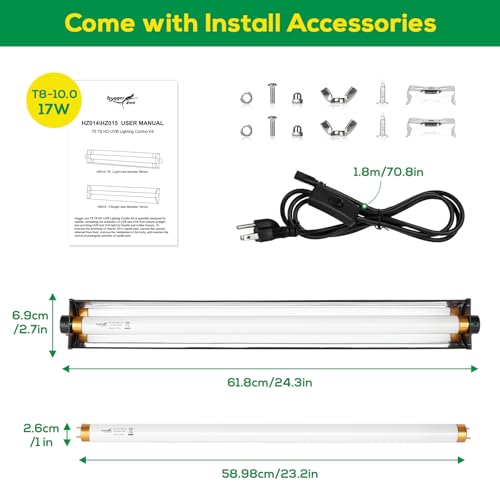 T8 10.0 UVB Reptile Light Fixture UVB Bulb Lighting Combo Kit, HO 17W UVB Light for Reptiles Terrarium Hood with Reptile UVB Light Bar UVB Tube Light Lamp Desert for Bearded Dragon Turtle Tank, 24Inch - size: T8-24Inch