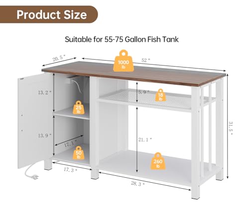 55-75 Gallon Fish Tank Stand with Power Outlet & Adjustable Shelf, Heavy Duty Aquarium Stand with Cabinet Storage for Fish Tank, Turtle Tank, Reptile Terrarium, 1000LBS Capacity, White - color: White