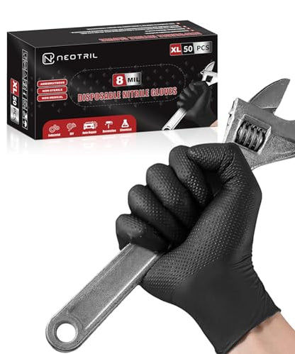 NEOTRIL 8 Mil Heavy Duty Disposable Nitrile Gloves with Diamond Texture Grip Rubber Gloves Latex & Powder Free - color: Box of 50 / Black, size: X-Large