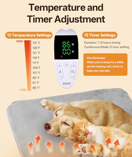 Pet Heating Pad for Cats & Small Dogs with 12 Adjustable Temperature, Waterproof & Chew Resistant Cat Heating Pad with Timer, Heated Cat Bed with Fleecy Cover (S: 20” x 16”) - size: S: 20” x 16”