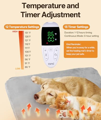 Pet Heating Pad for Cats & Small Dogs with 12 Adjustable Temperature, Waterproof & Chew Resistant Cat Heating Pad with Timer, Heated Cat Bed with Fleecy Cover (S: 20” x 16”) - size: S: 20” x 16”