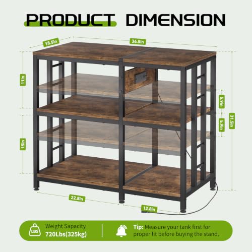 Reinforced 40-50 Gallon Aquarium Stand with Power Outlet, Ultra-Stable 720LBS Capacity Metal Fish, Tank Stand for Reptile/Aquatic Setups, 5-Tier Adjustable 37"x19" Steel Shelving System - color: Retro Brown, size: 40-50 Gallon