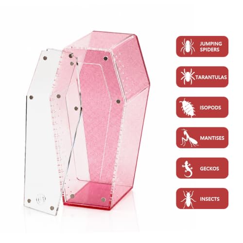Glitter Acrylic Coffin Jumping Spider Enclosure - Gothic Terrarium Habitat with Magnetic Lid, Micro Reptile Breeding Box for Slings, Mantis, Isopods and Small Insects (Glitter Pink) - color: Glitter Pink