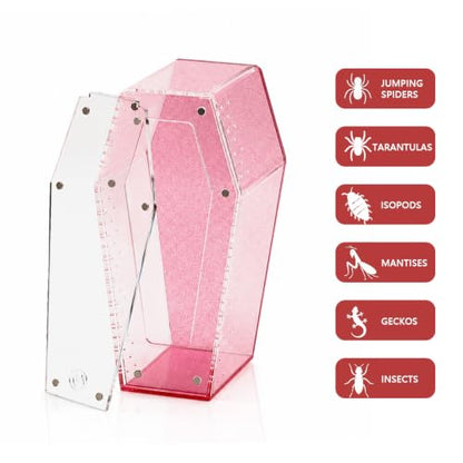 Glitter Acrylic Coffin Jumping Spider Enclosure - Gothic Terrarium Habitat with Magnetic Lid, Micro Reptile Breeding Box for Slings, Mantis, Isopods and Small Insects (Glitter Pink) - color: Glitter Pink