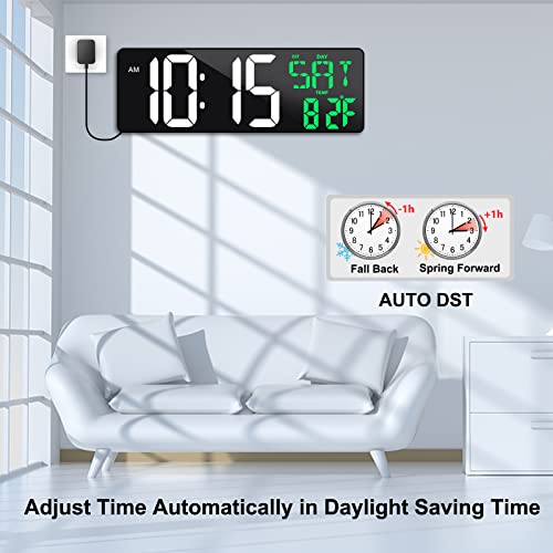 17" Large Digital Wall Clock with Remote, Auto Dimmer, Date Temp, Timer | Large clear display, Snooze function, Count up and down timer, Suitable for Living Room, Office, Gym Indoor Spaces - color: Green + White
